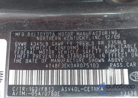 2010 Toyota Camry Le from USA, damaged, VIN 4T4BF3EK0AR075103